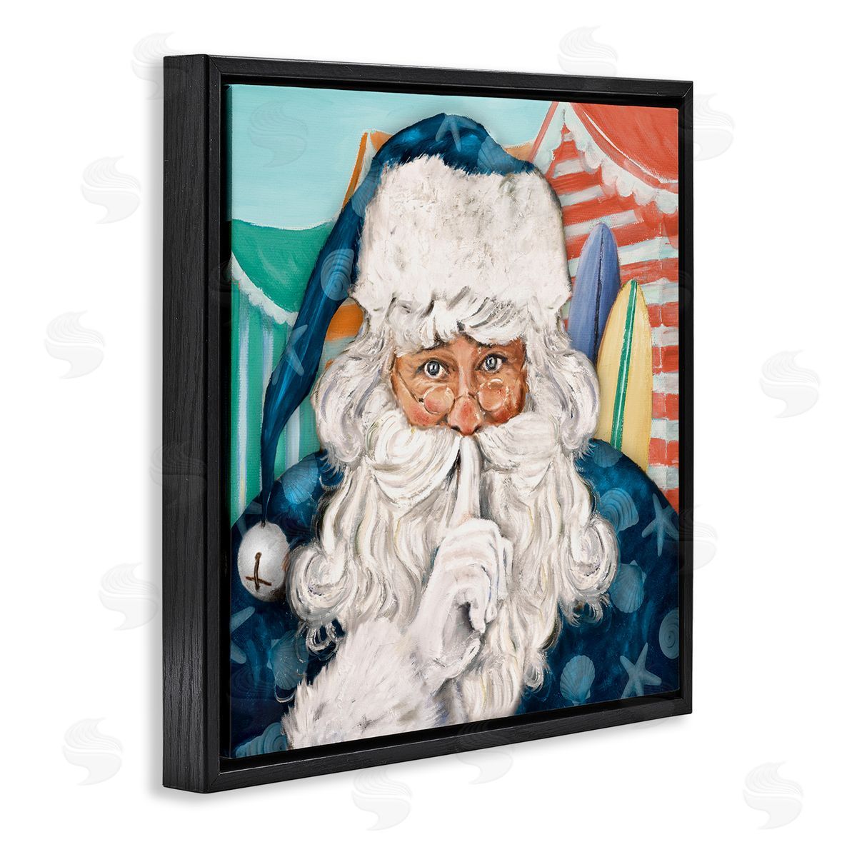 Patricia Pinto Nautical Santa Claus Quiet Hand Gesture Beach Tents Black Floating Frame Canvas Wall Art Print