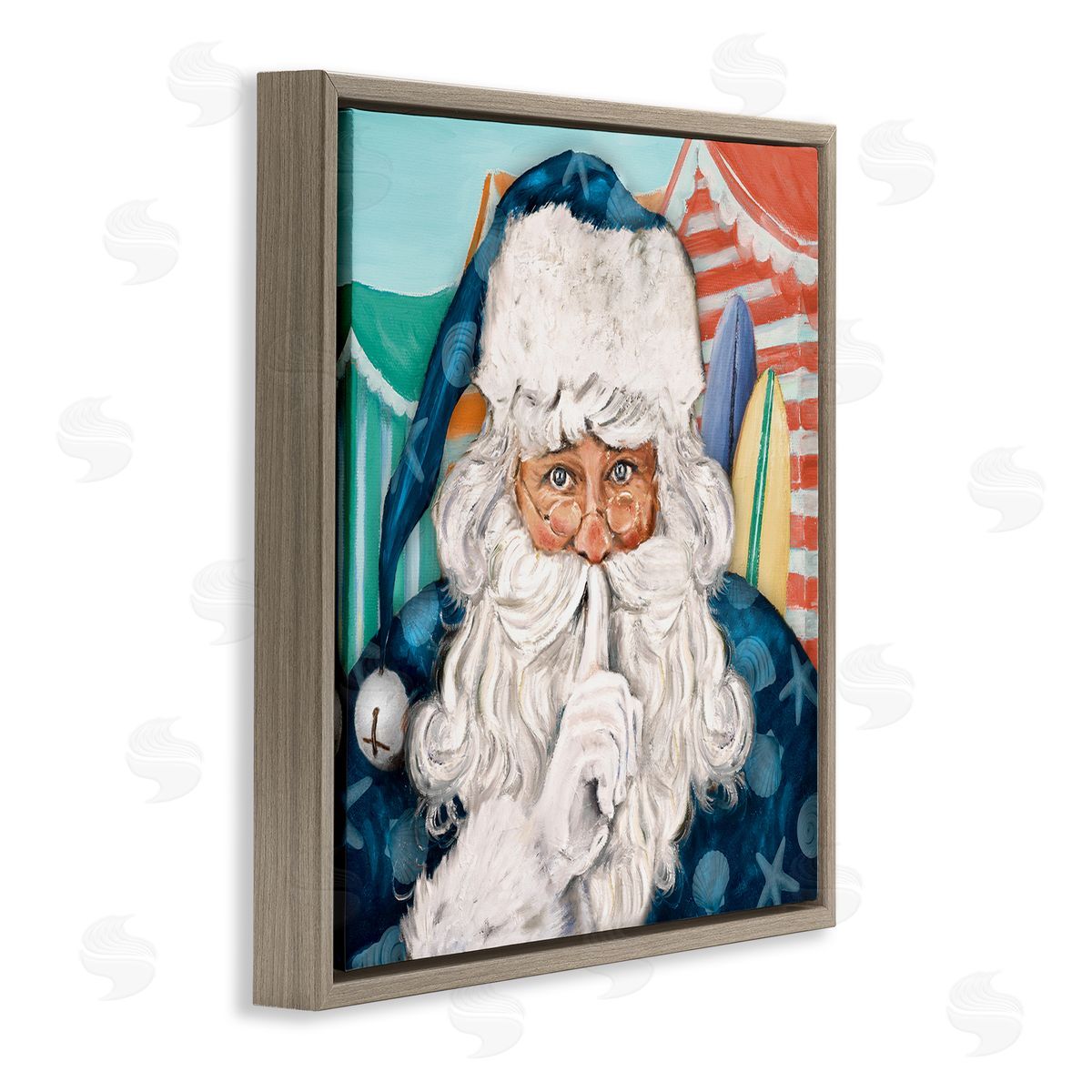 Patricia Pinto Nautical Santa Claus Quiet Hand Gesture Beach Tents Brown Floating Frame Canvas Wall Art Print