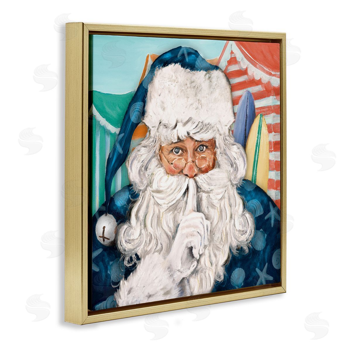 Patricia Pinto Nautical Santa Claus Quiet Hand Gesture Beach Tents Gold Floating Frame Canvas Wall Art Print