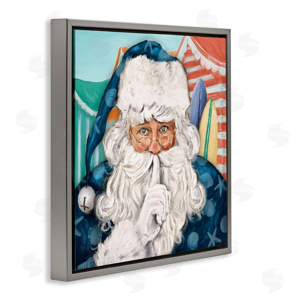 Patricia Pinto Nautical Santa Claus Quiet Hand Gesture Beach Tents Gray Floating Frame Canvas Wall Art Print