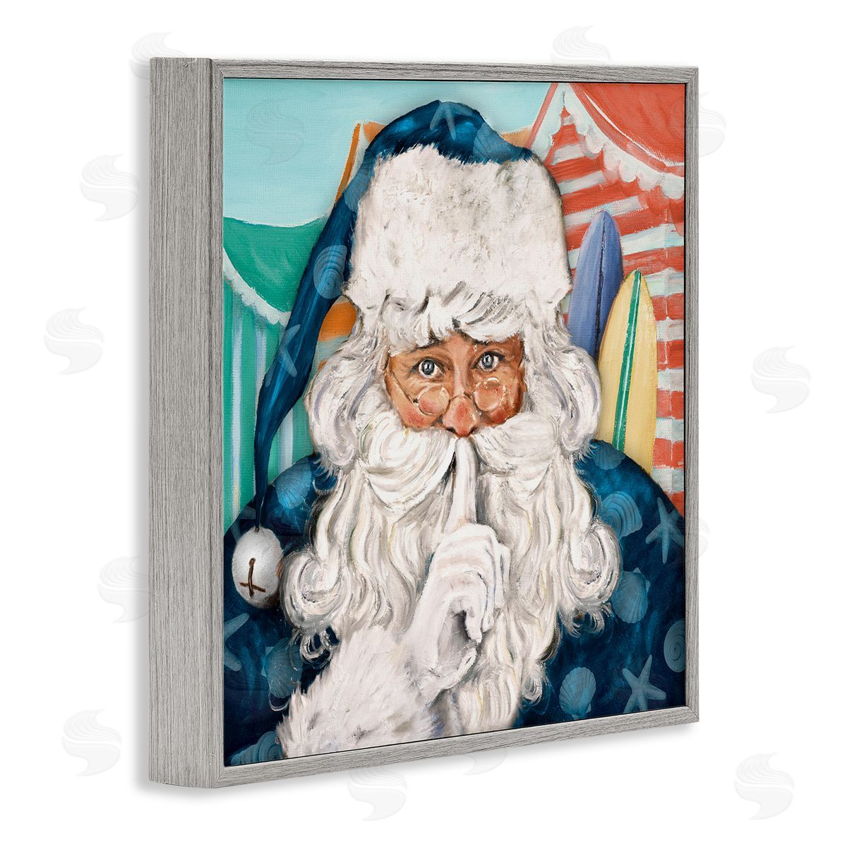 Patricia Pinto Nautical Santa Claus Quiet Hand Gesture Beach Tents Gray Framed Glicee Wall Art Print