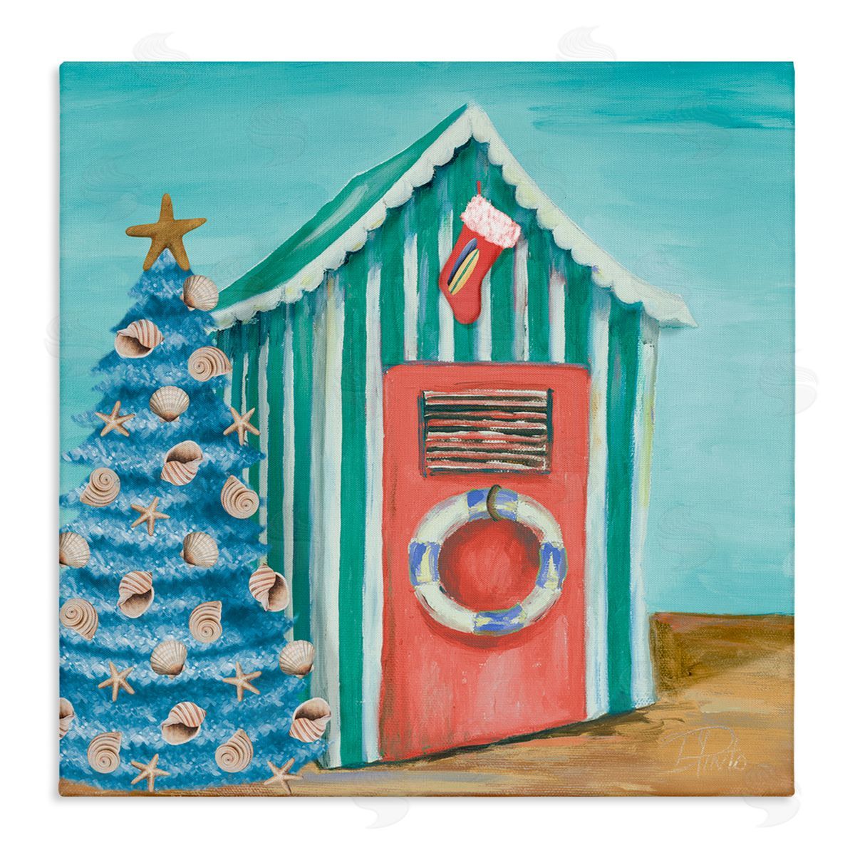 Patricia Pinto Nautical Shell Blue Christmas Tree Striped Beach Tent Stretched Canvas Wall Art Print