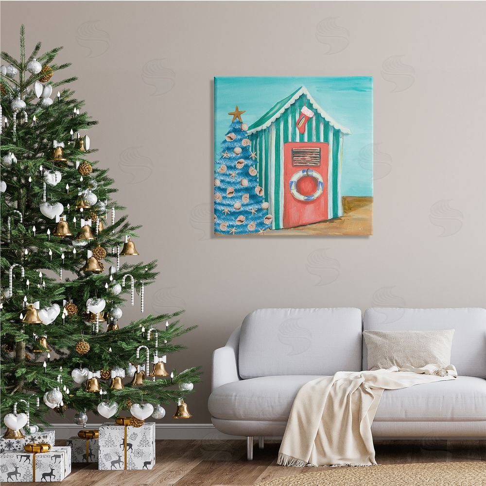 Patricia Pinto Nautical Shell Blue Christmas Tree Striped Beach Tent Canvas Wall Art in Room