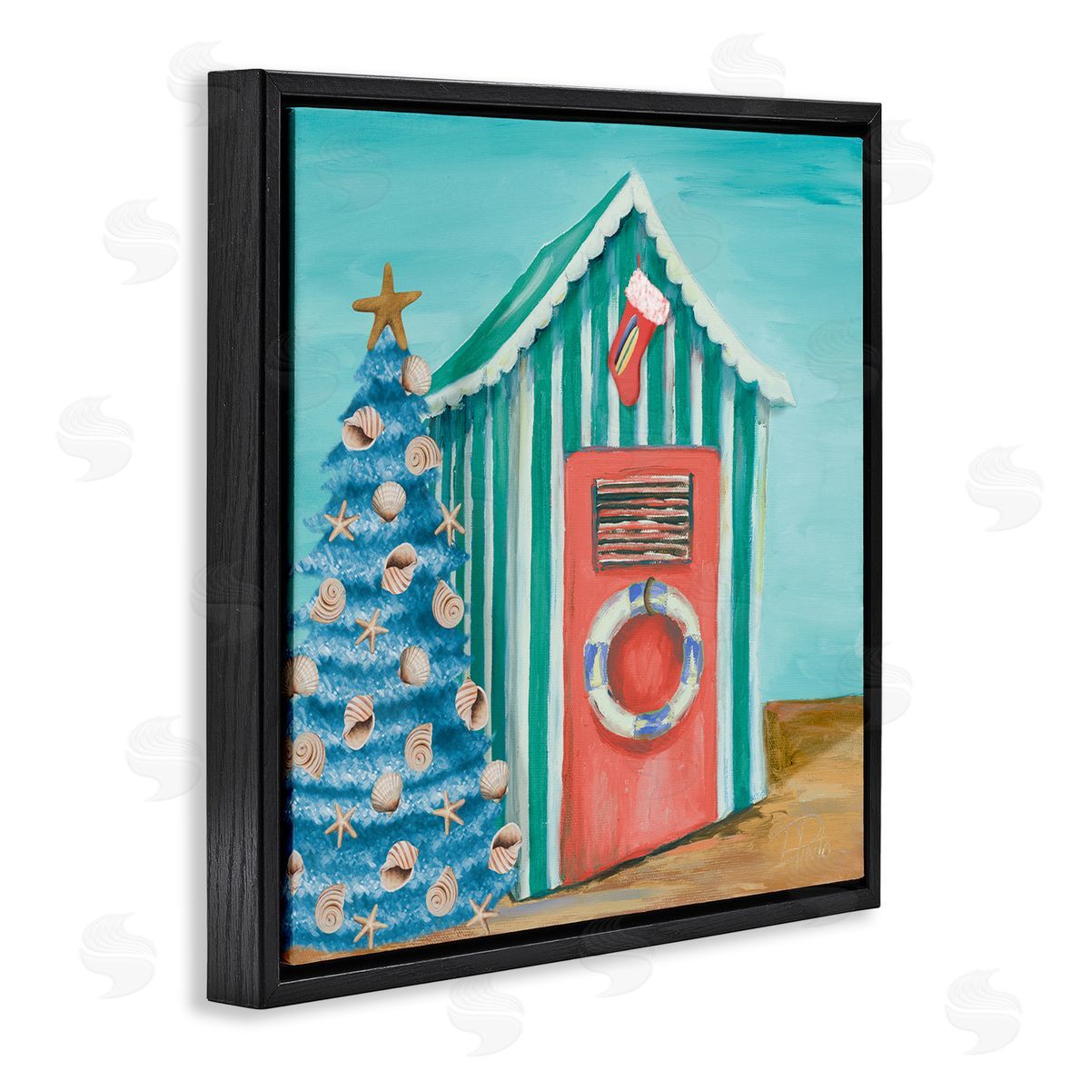 Patricia Pinto Nautical Shell Blue Christmas Tree Striped Beach Tent Black Floating Frame Canvas Wall Art Print