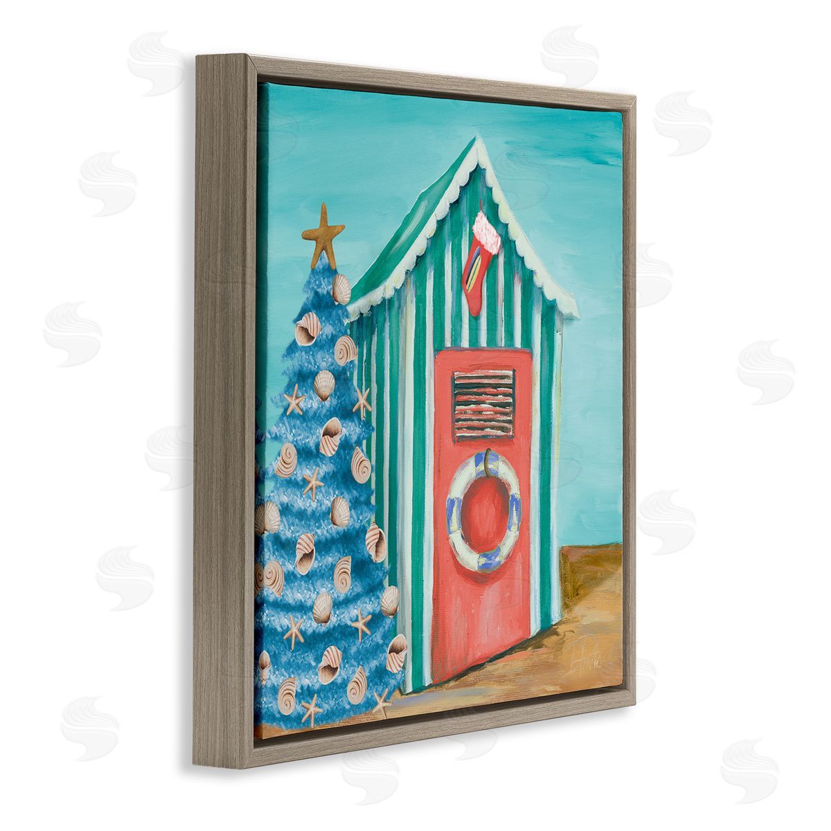 Patricia Pinto Nautical Shell Blue Christmas Tree Striped Beach Tent Brown Floating Frame Canvas Wall Art Print