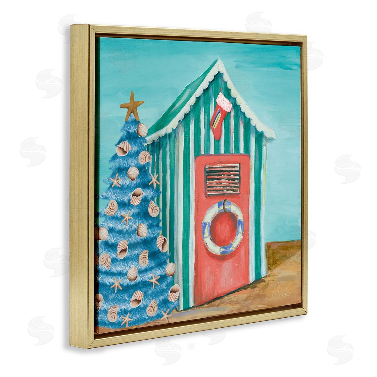 Patricia Pinto Nautical Shell Blue Christmas Tree Striped Beach Tent Gold Floating Frame Canvas Wall Art Print