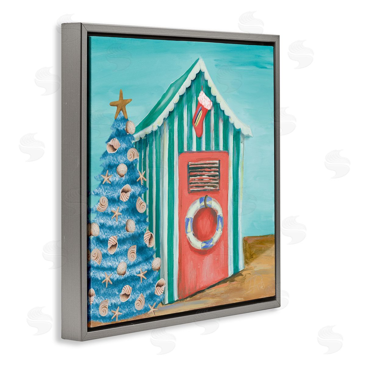 Patricia Pinto Nautical Shell Blue Christmas Tree Striped Beach Tent Gray Floating Frame Canvas Wall Art Print