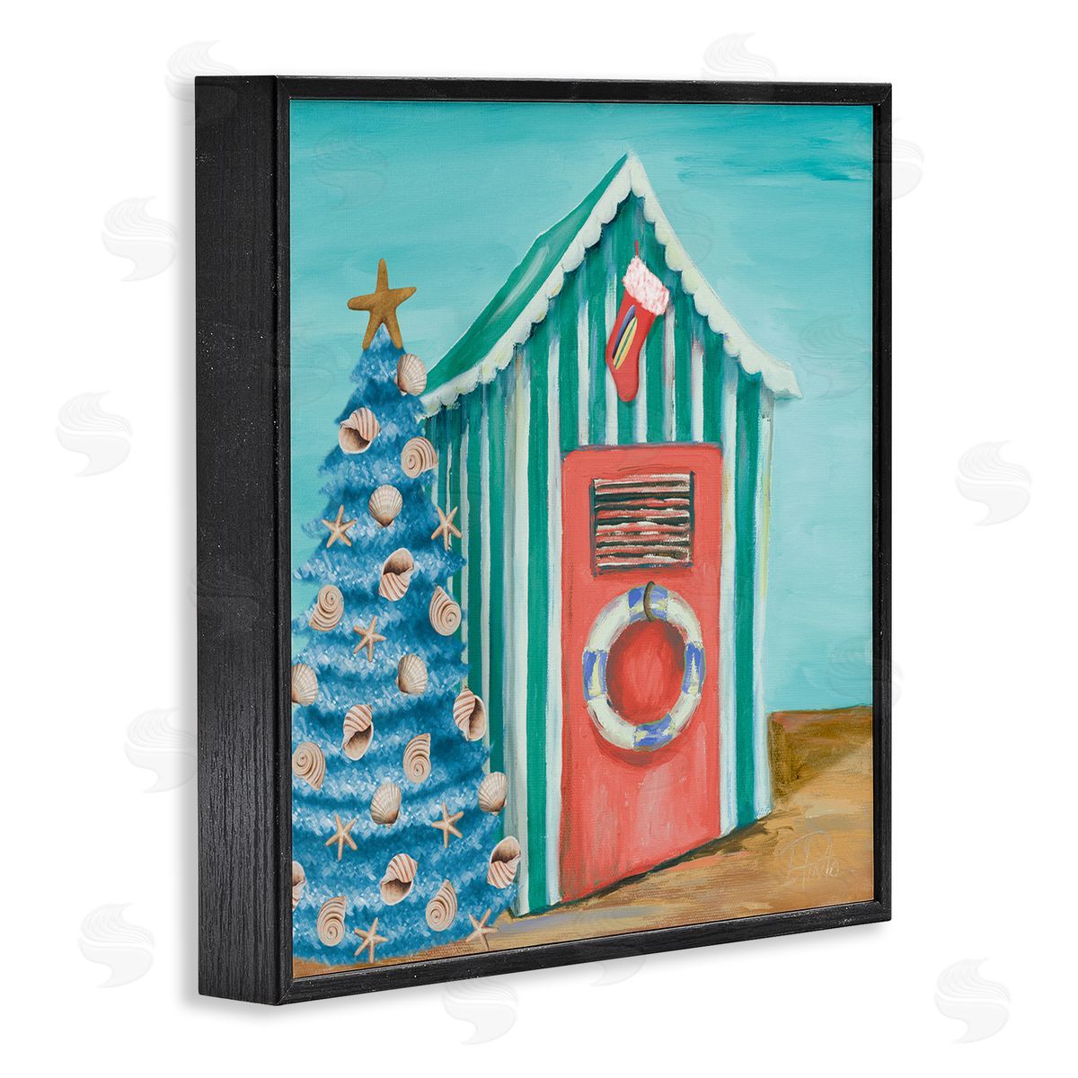 Patricia Pinto Nautical Shell Blue Christmas Tree Striped Beach Tent Black Framed Glicee Wall Art Print