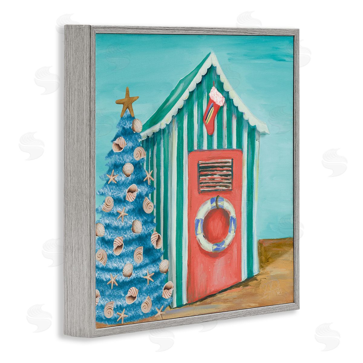 Patricia Pinto Nautical Shell Blue Christmas Tree Striped Beach Tent Gray Framed Glicee Wall Art Print
