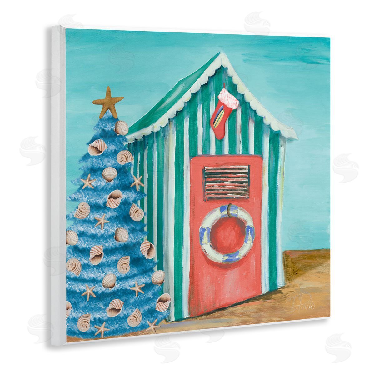 Patricia Pinto Nautical Shell Blue Christmas Tree Striped Beach Tent Wooden Wall Plaque Art Print