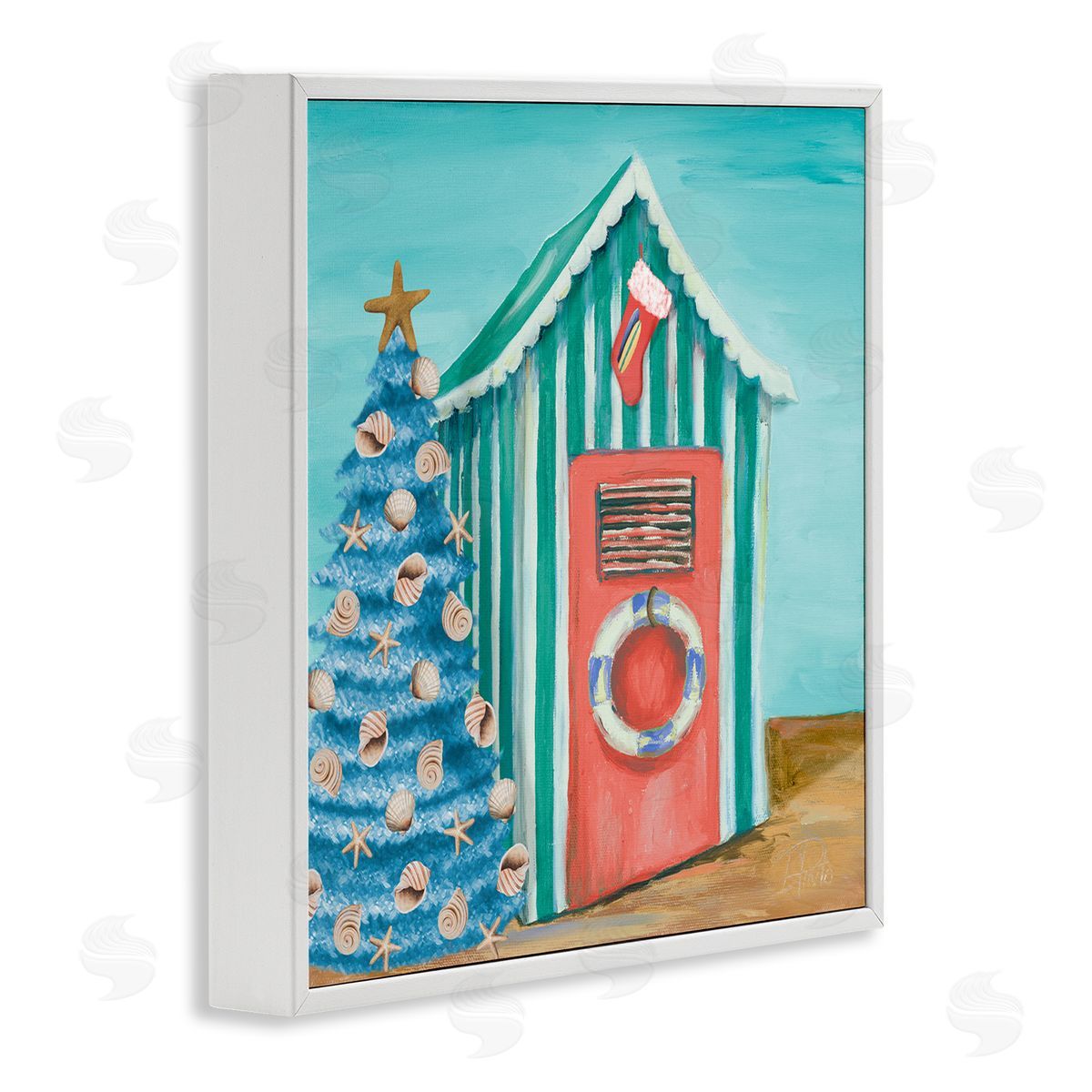 Patricia Pinto Nautical Shell Blue Christmas Tree Striped Beach Tent White Framed Glicee Wall Art Print