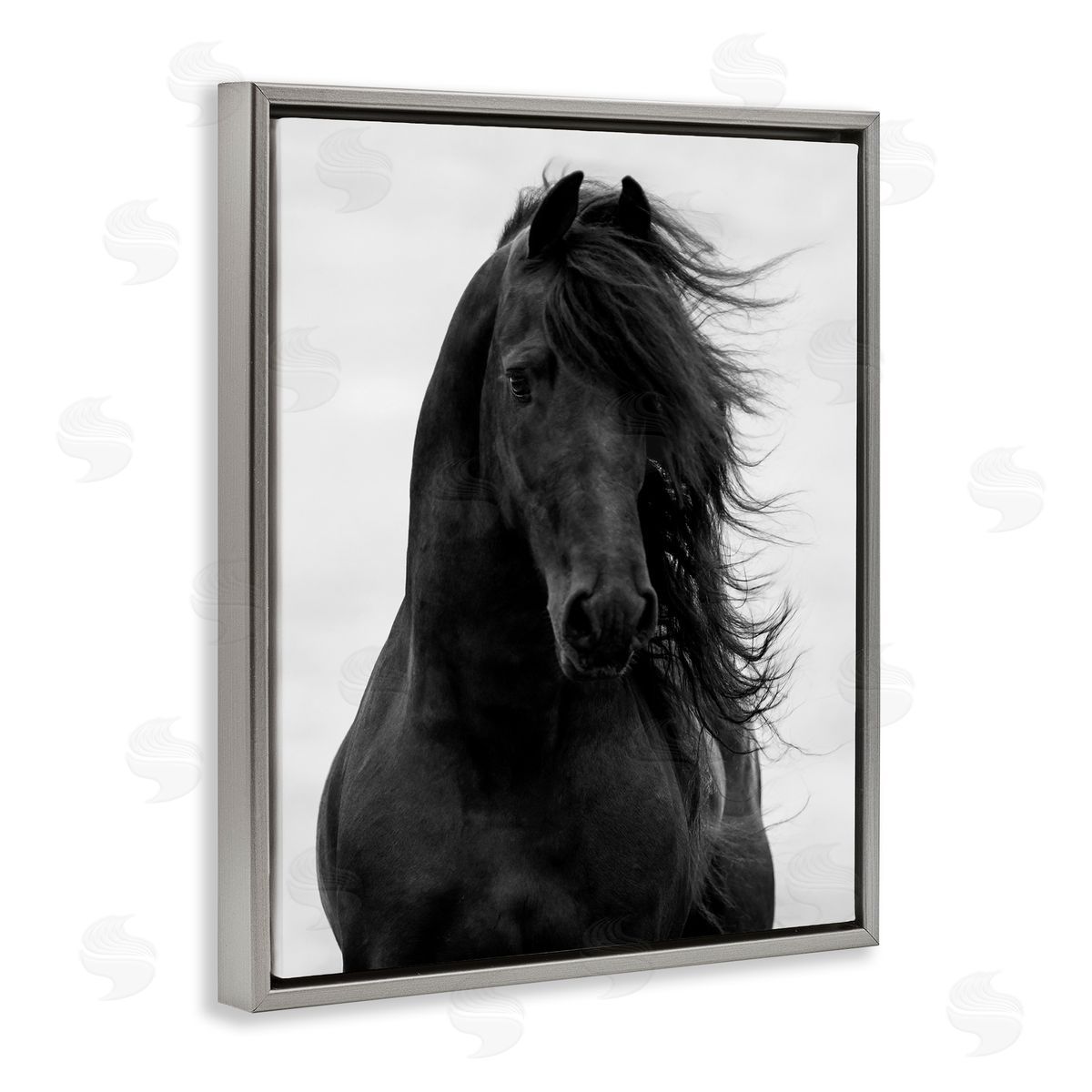 Black Stallion Horse Portrait Grey Floating Frame Canvas Wall Art, Home Decor by Carol Walker