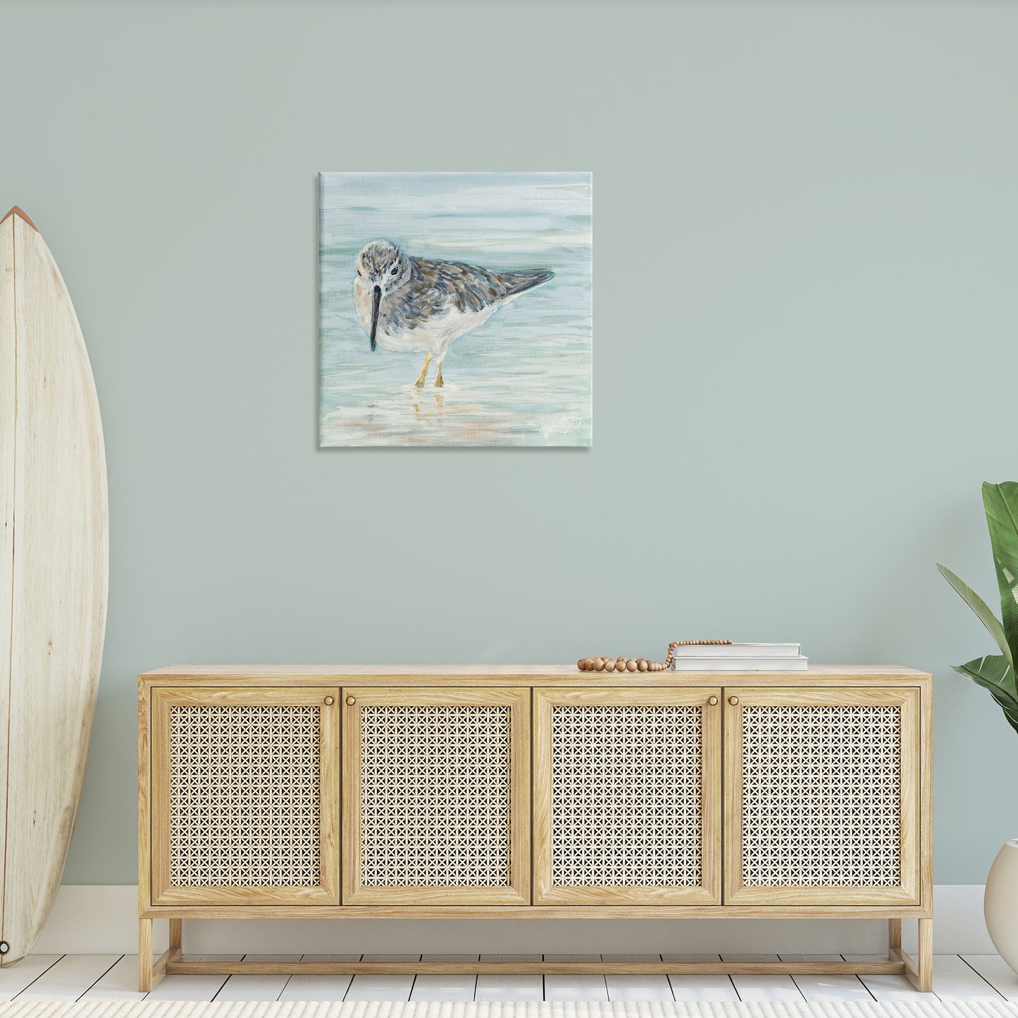 Sandpiper in Shallow Beach Waters Canvas Wall Art in Room, Home Decor by Julie DeRice