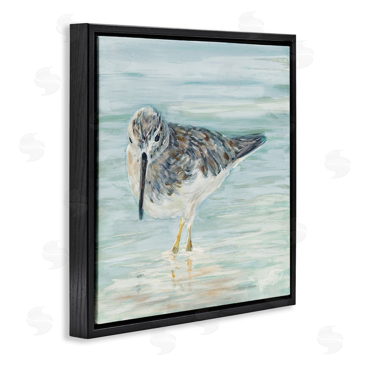 Sandpiper in Shallow Beach Waters Black Floating Frame Canvas Wall Art, Home Decor by Julie DeRice