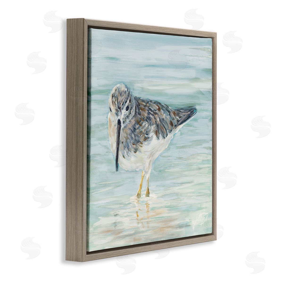 Sandpiper in Shallow Beach Waters Brown Floating Frame Canvas Wall Art, Home Decor by Julie DeRice