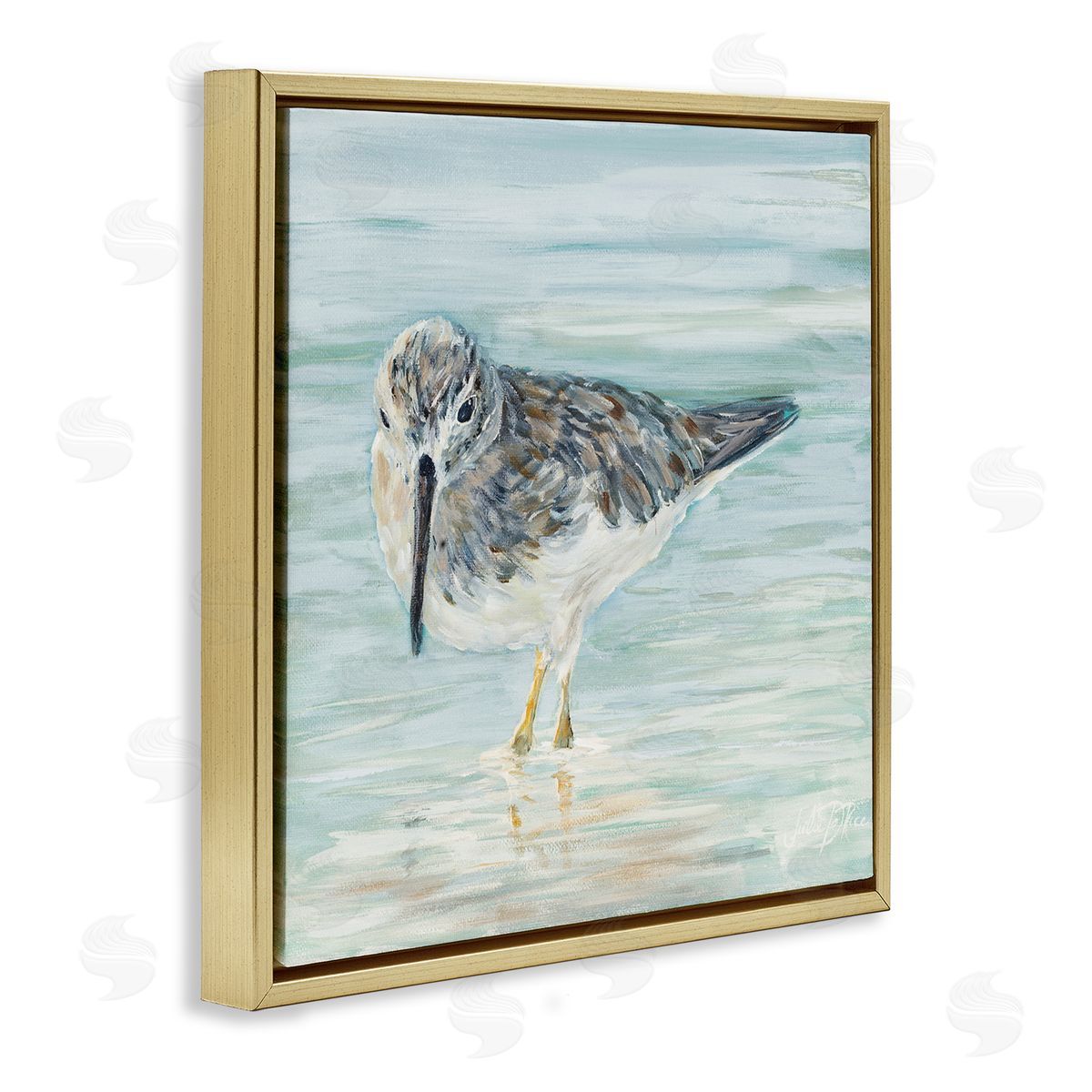 Sandpiper in Shallow Beach Waters Gold Floating Frame Canvas Wall Art, Home Decor by Julie DeRice