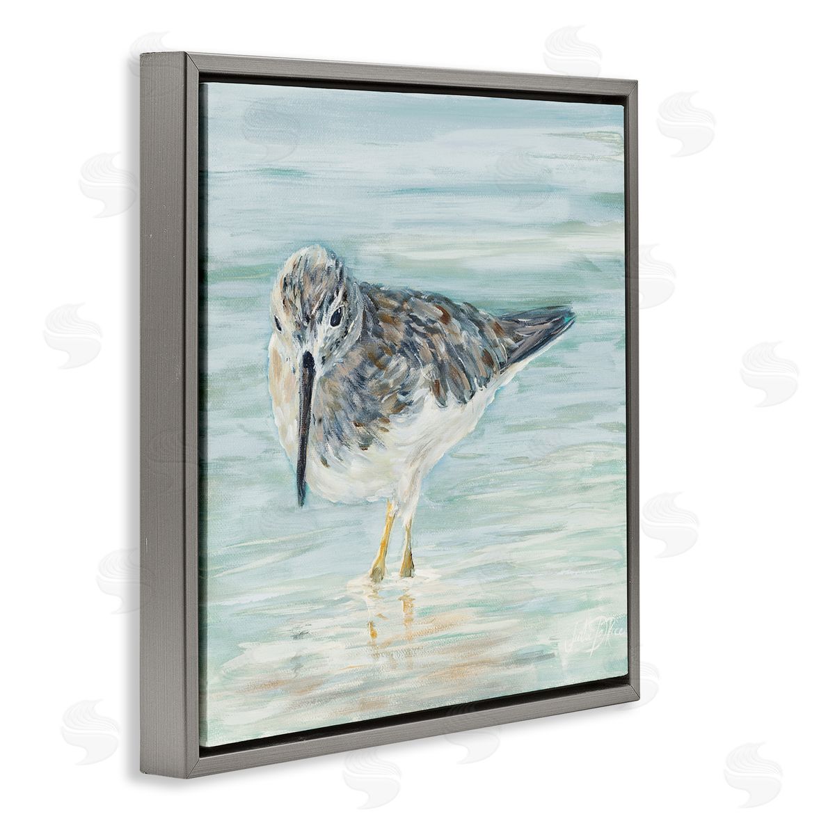 Sandpiper in Shallow Beach Waters Grey Floating Frame Canvas Wall Art, Home Decor by Julie DeRice