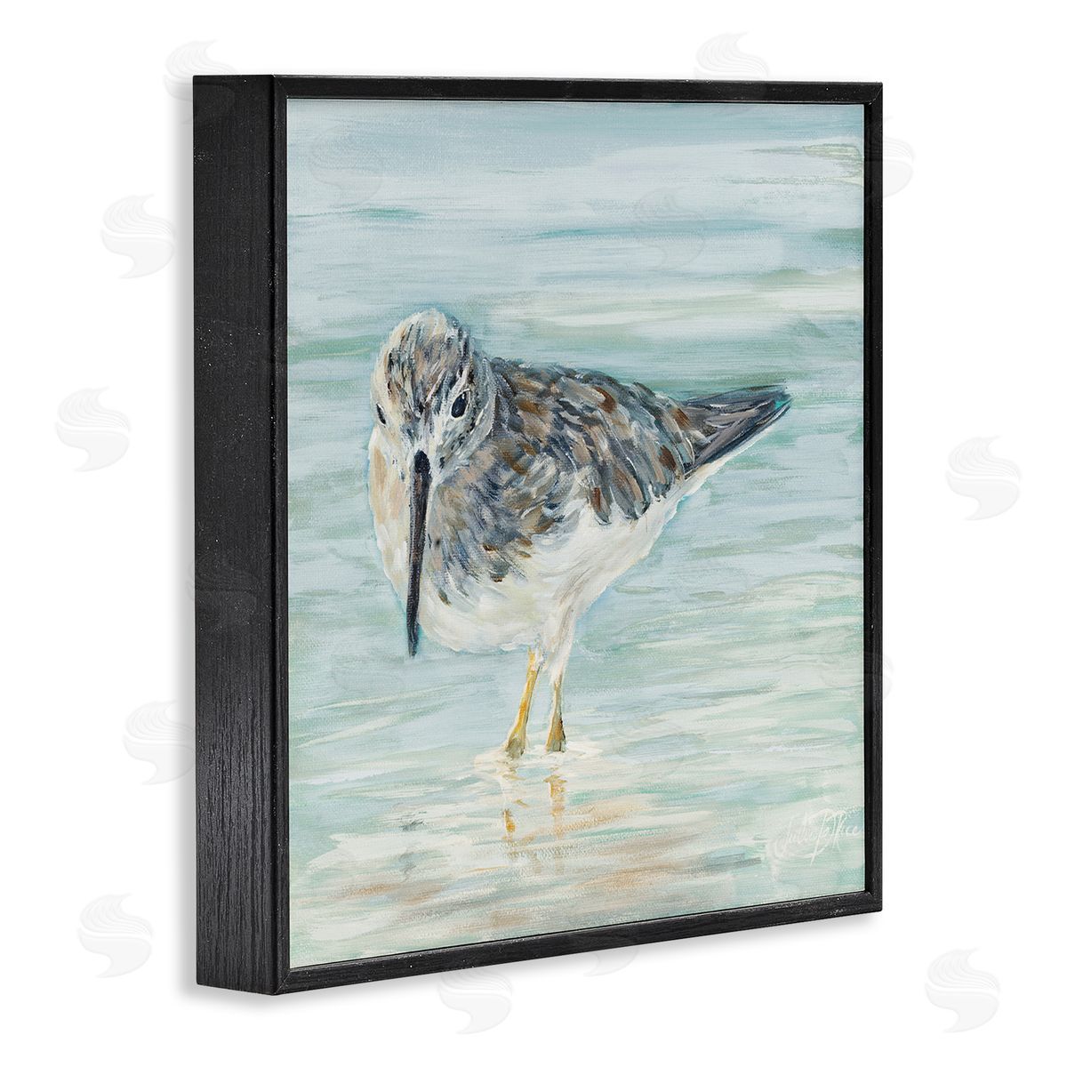 Sandpiper in Shallow Beach Waters Black Frame Print Wall Art, Home Decor by Julie DeRice
