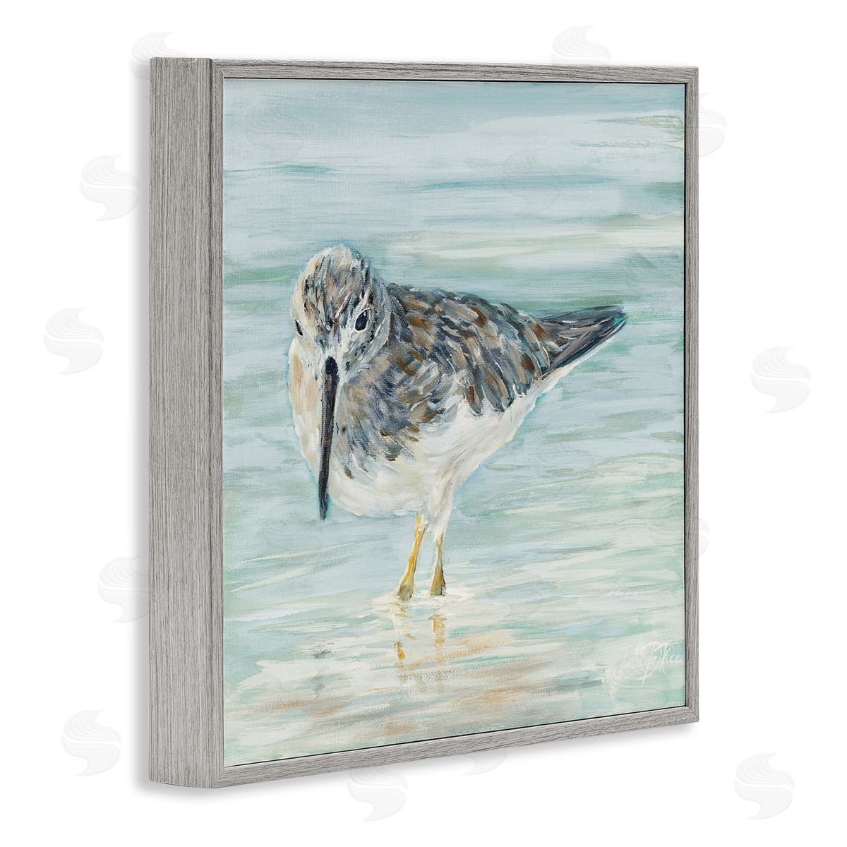 Sandpiper in Shallow Beach Waters Grey Frame Print Wall Art, Home Decor by Julie DeRice