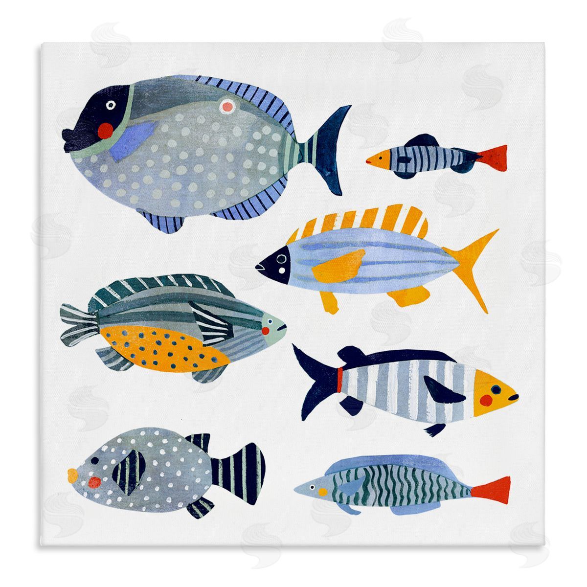 Victoria Barnes Children's Aquatic Fish Arrangement Playful Blue Yellow Animals Stretched Canvas Wall Art Print