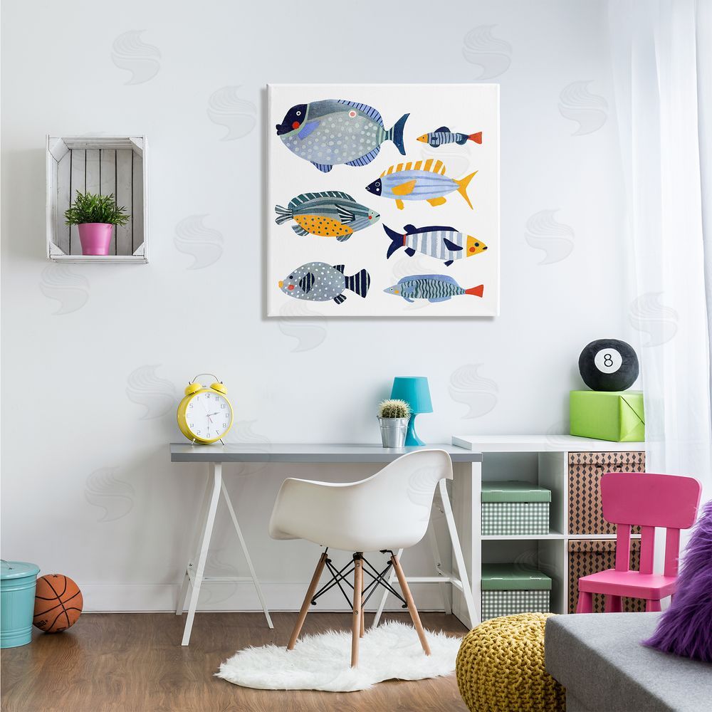 Victoria Barnes Children's Aquatic Fish Arrangement Playful Blue Yellow Animals Canvas Wall Art in Room