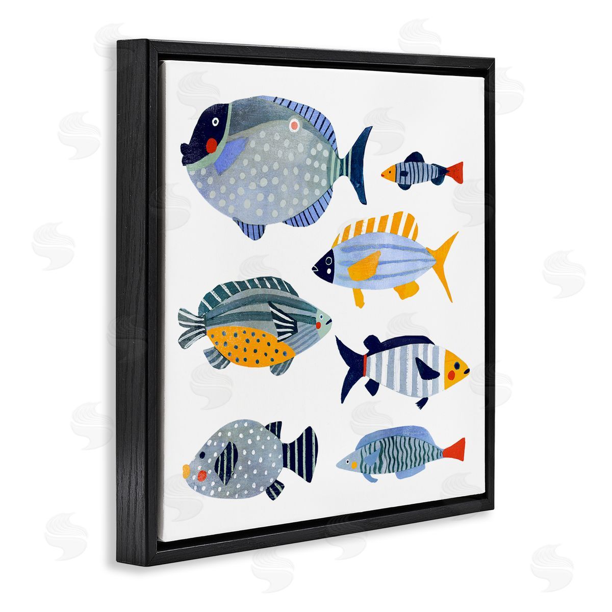 Victoria Barnes Children's Aquatic Fish Arrangement Playful Blue Yellow Animals Black Floating Frame Canvas Wall Art Print