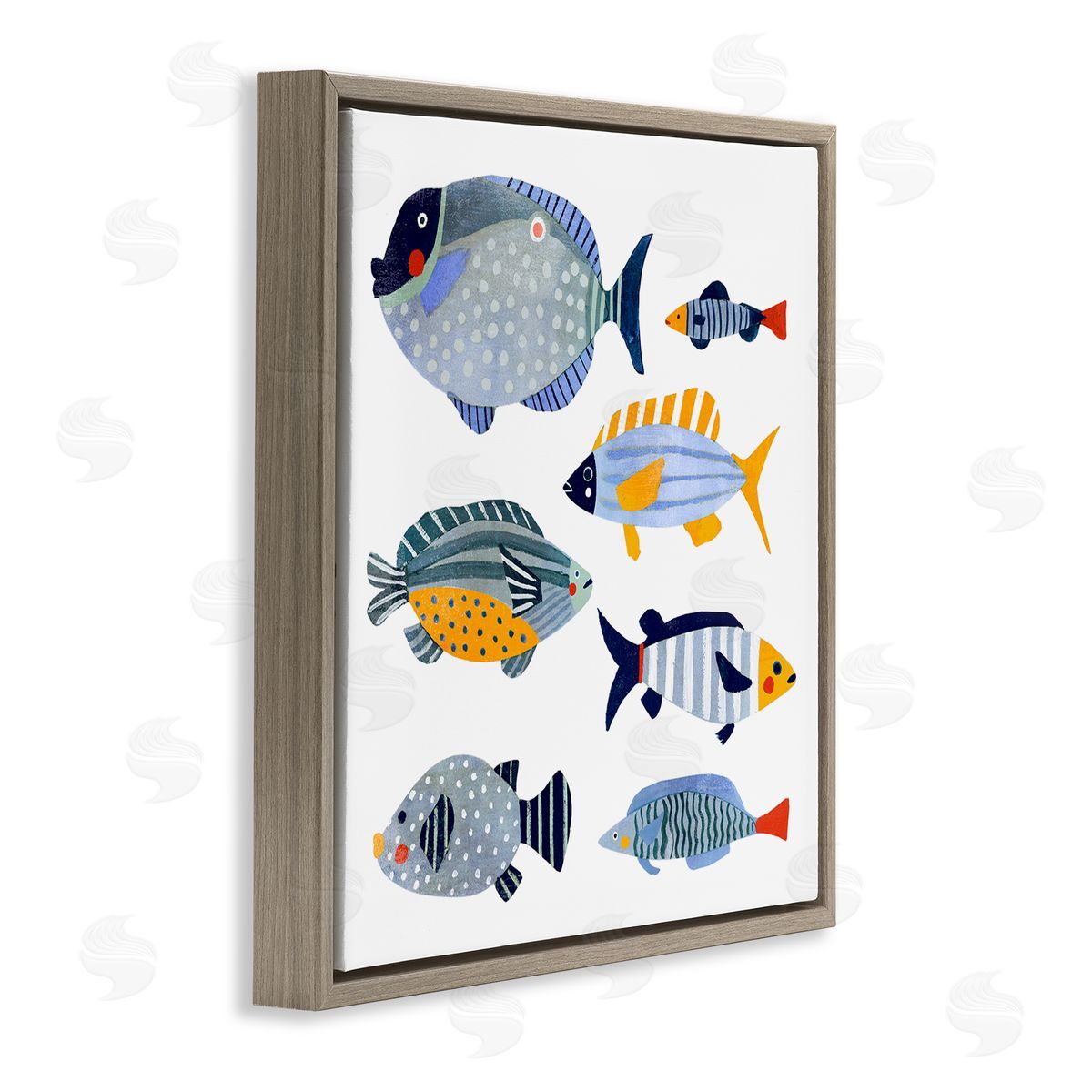 Victoria Barnes Children's Aquatic Fish Arrangement Playful Blue Yellow Animals Brown Floating Frame Canvas Wall Art Print