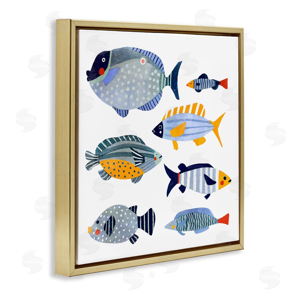 Victoria Barnes Children's Aquatic Fish Arrangement Playful Blue Yellow Animals Gold Floating Frame Canvas Wall Art Print