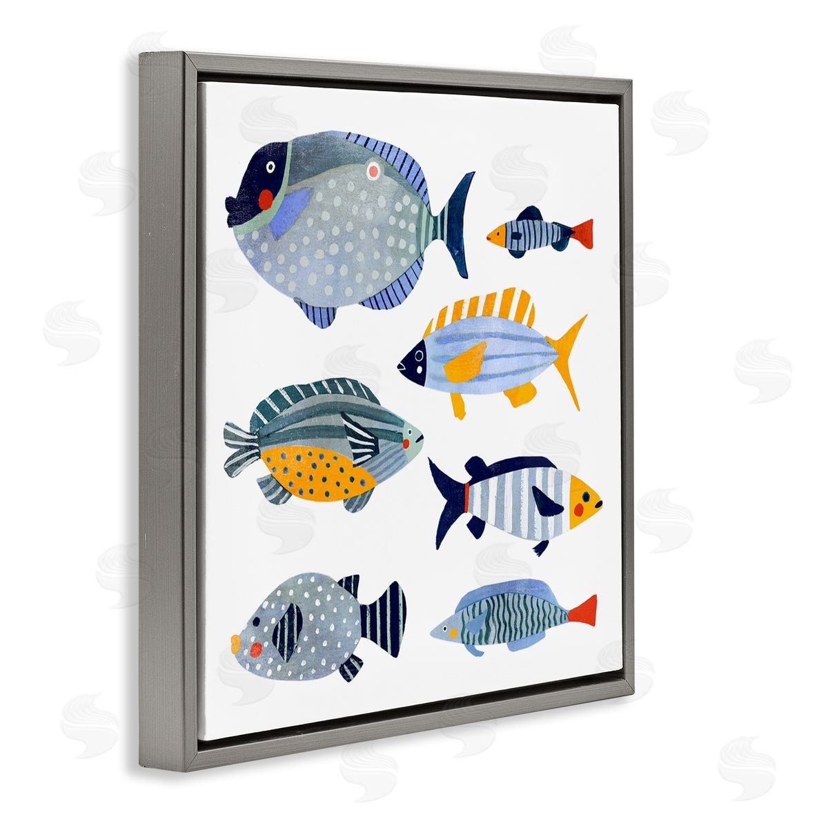Victoria Barnes Children's Aquatic Fish Arrangement Playful Blue Yellow Animals Gray Floating Frame Canvas Wall Art Print