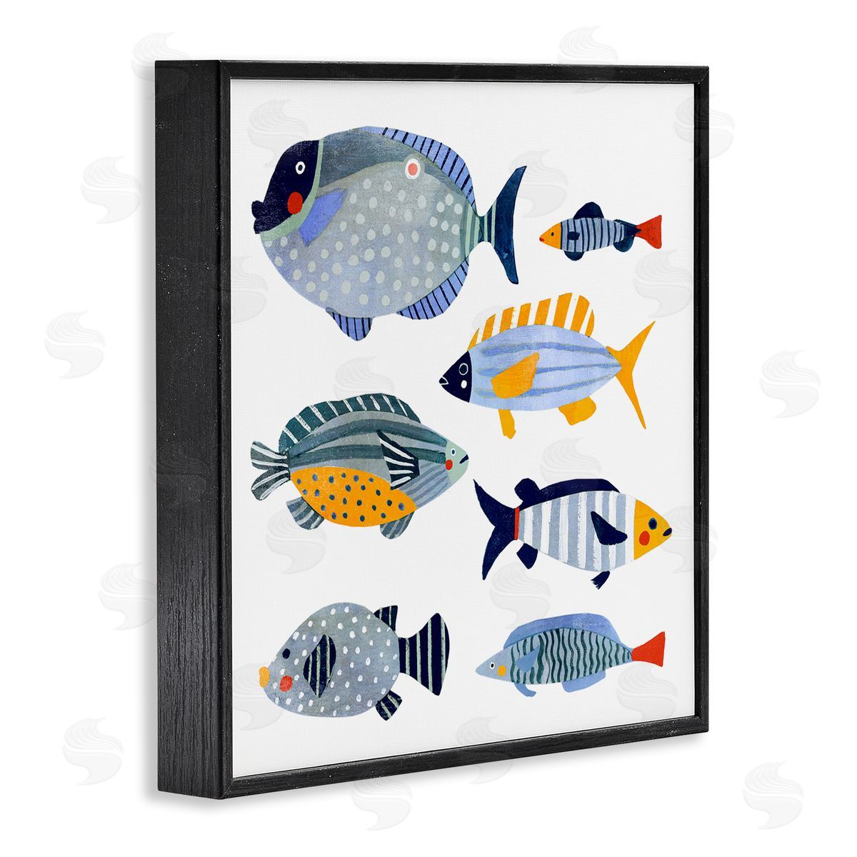 Victoria Barnes Children's Aquatic Fish Arrangement Playful Blue Yellow Animals Black Framed Glicee Wall Art Print