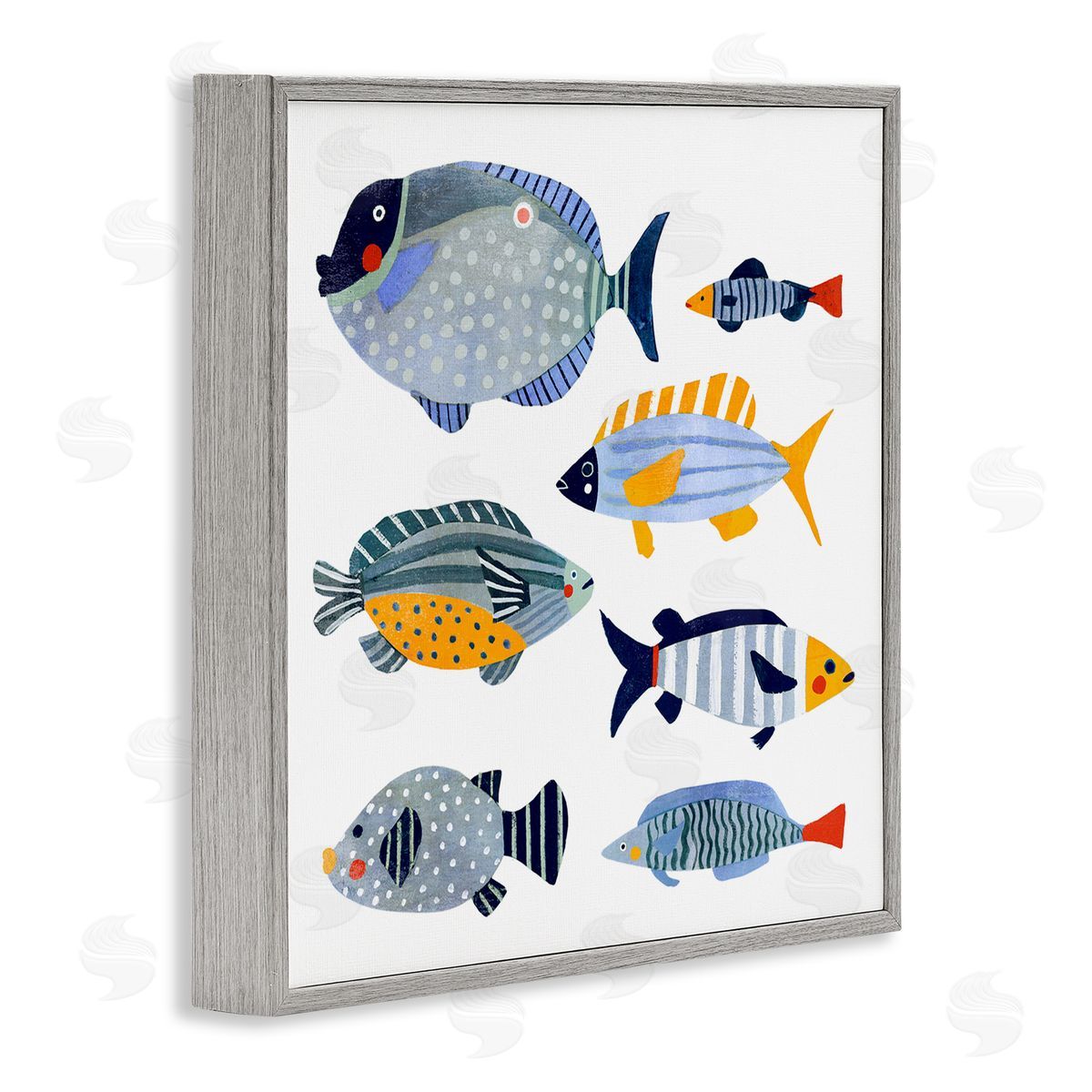 Victoria Barnes Children's Aquatic Fish Arrangement Playful Blue Yellow Animals Gray Framed Glicee Wall Art Print