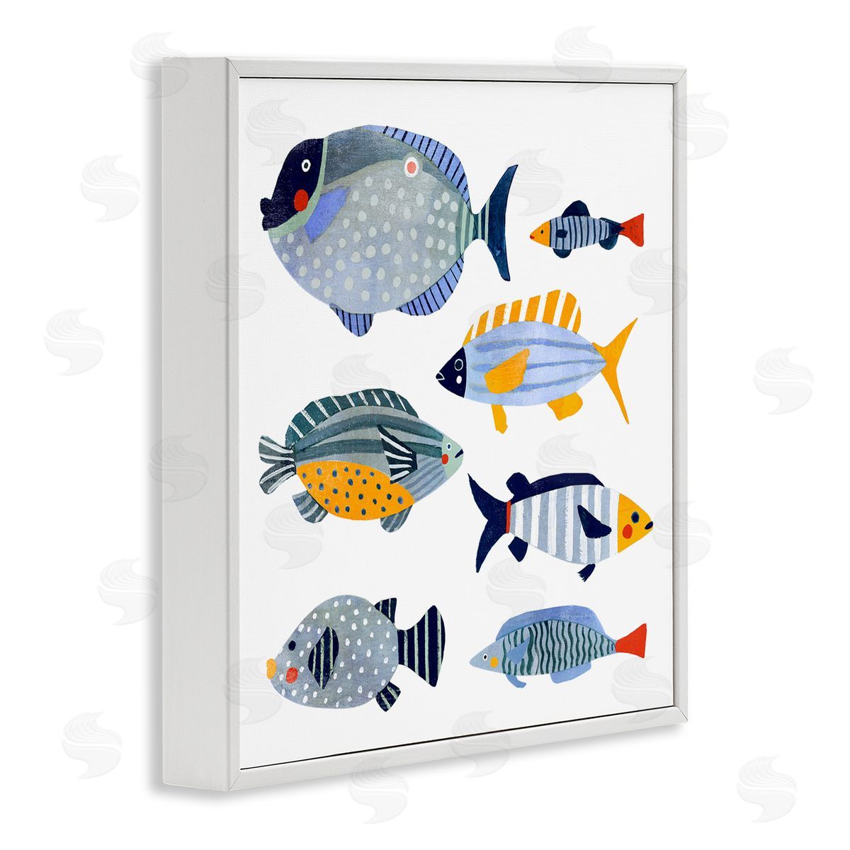 Victoria Barnes Children's Aquatic Fish Arrangement Playful Blue Yellow Animals White Framed Glicee Wall Art Print