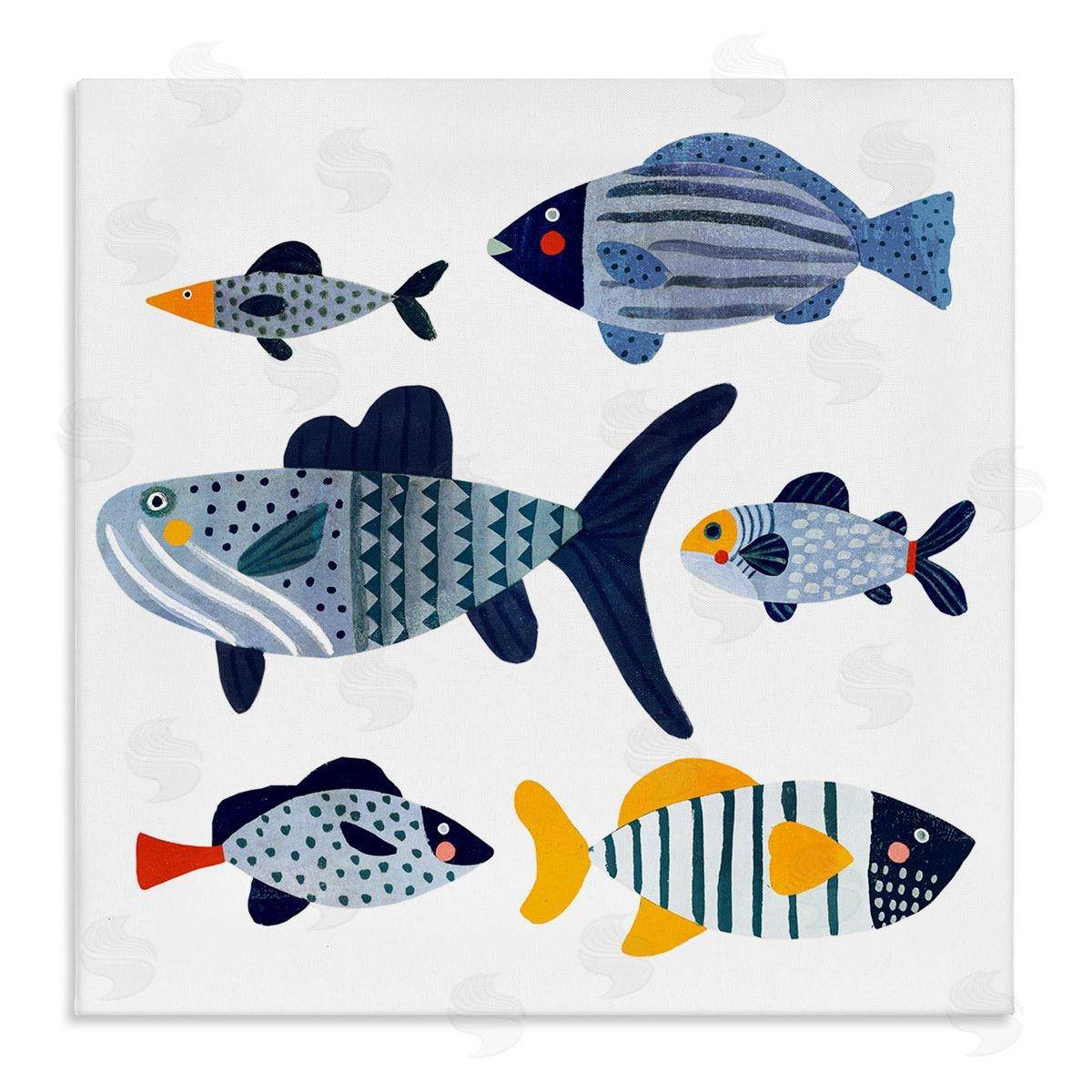 Victoria Barnes Kid's Tropical Fish Collage Playful Blue Aquatic Animals Stretched Canvas Wall Art Print