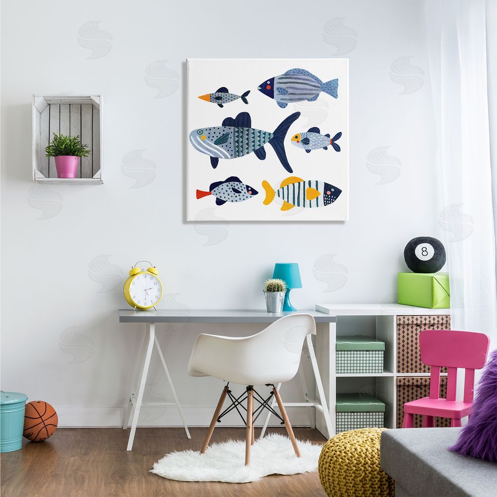 Victoria Barnes Kid's Tropical Fish Collage Playful Blue Aquatic Animals Canvas Wall Art in Room