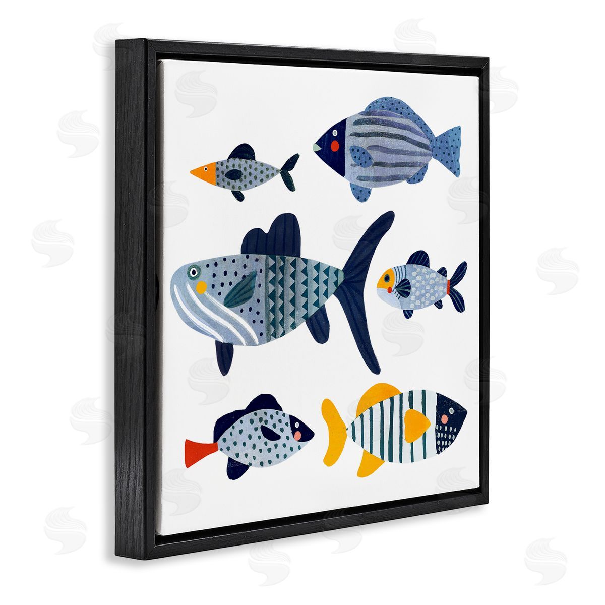 Victoria Barnes Kid's Tropical Fish Collage Playful Blue Aquatic Animals Black Floating Frame Canvas Wall Art Print
