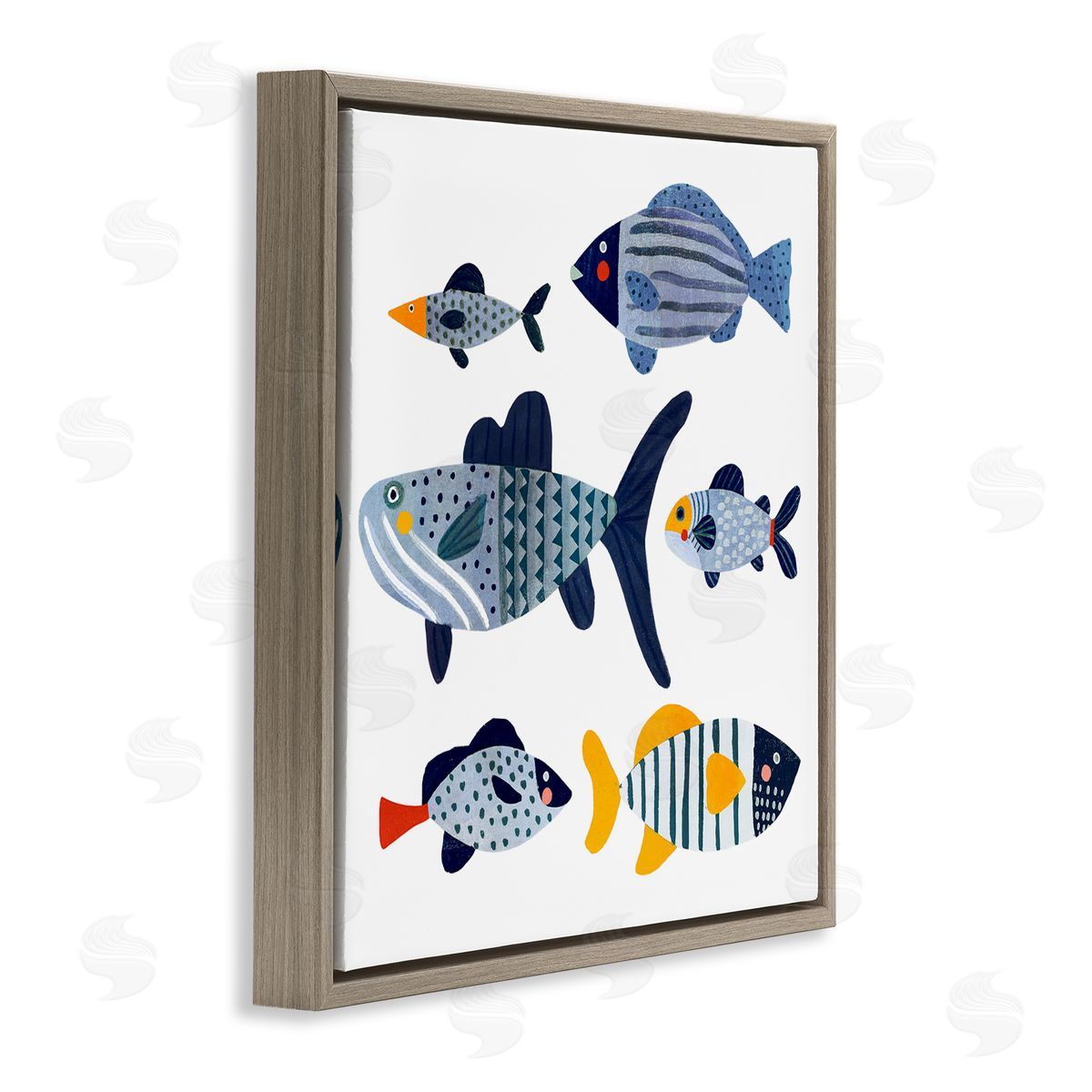 Victoria Barnes Kid's Tropical Fish Collage Playful Blue Aquatic Animals Brown Floating Frame Canvas Wall Art Print