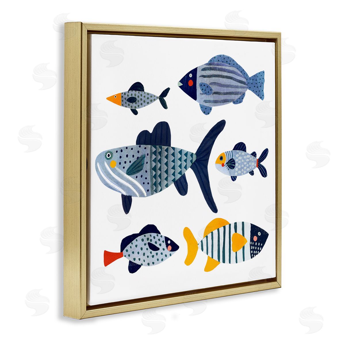 Victoria Barnes Kid's Tropical Fish Collage Playful Blue Aquatic Animals Gold Floating Frame Canvas Wall Art Print