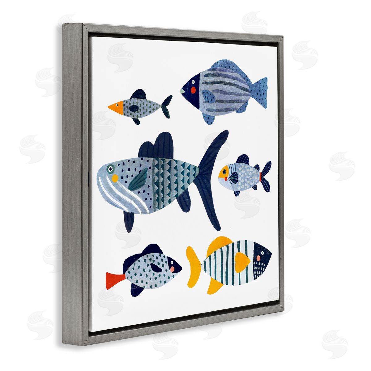 Victoria Barnes Kid's Tropical Fish Collage Playful Blue Aquatic Animals Gray Floating Frame Canvas Wall Art Print