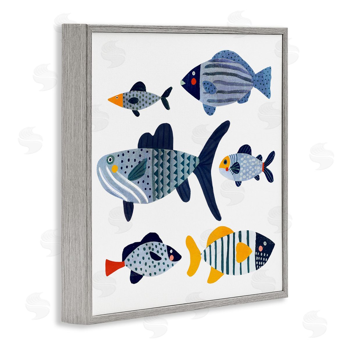 Victoria Barnes Kid's Tropical Fish Collage Playful Blue Aquatic Animals Gray Framed Glicee Wall Art Print