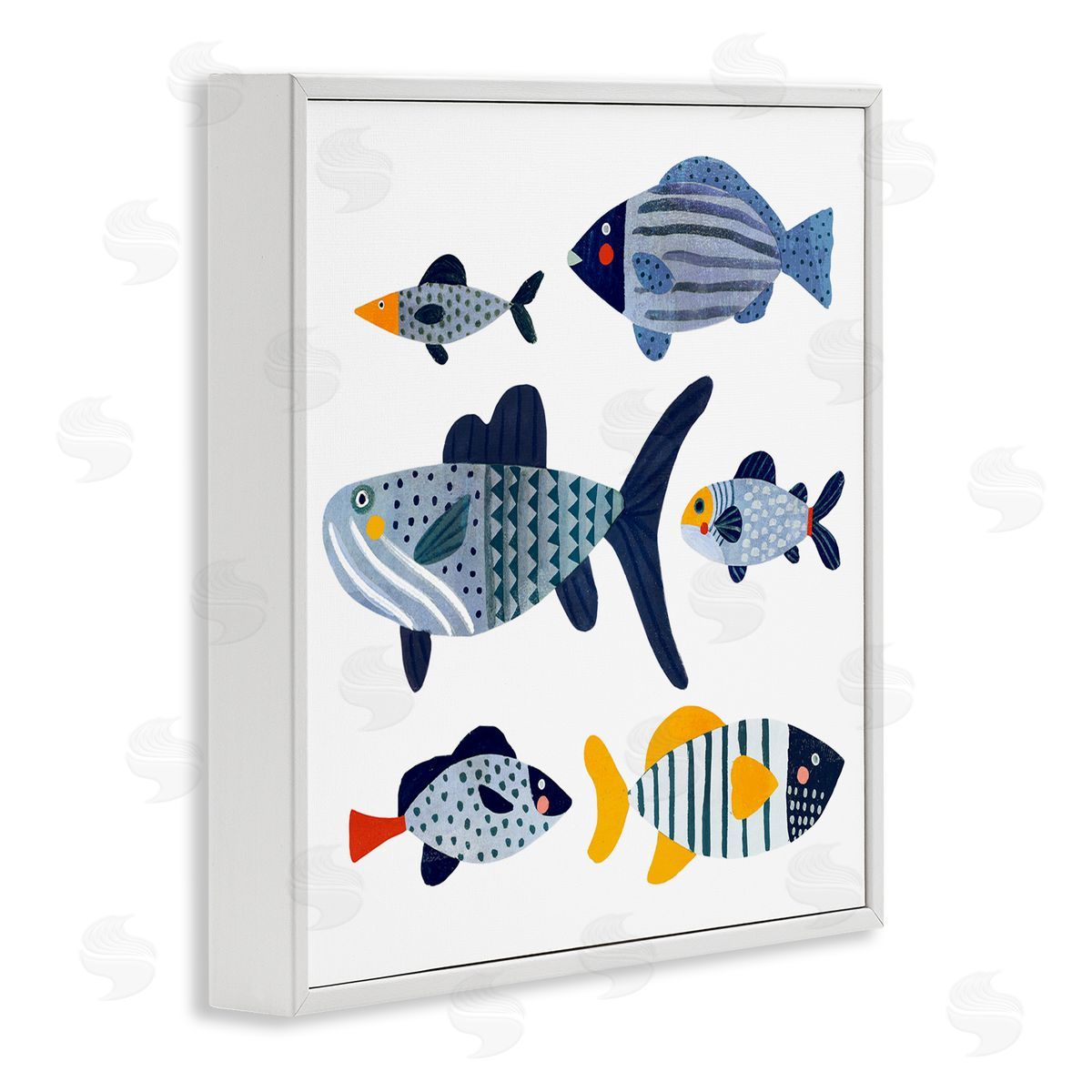 Victoria Barnes Kid's Tropical Fish Collage Playful Blue Aquatic Animals White Framed Glicee Wall Art Print