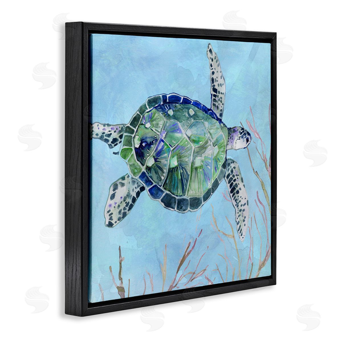 Carol Robinson Speckled Sea Tortoise Deep Sea Aquatic Animal Black Floating Frame Canvas Wall Art Print