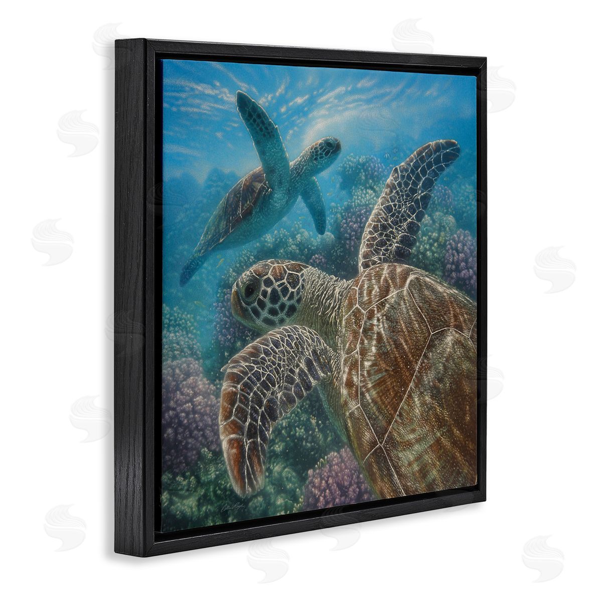 Collin Bogle Sea Turtle Pair Coral Reef Ocean Life Scene Black Floating Frame Canvas Wall Art Print