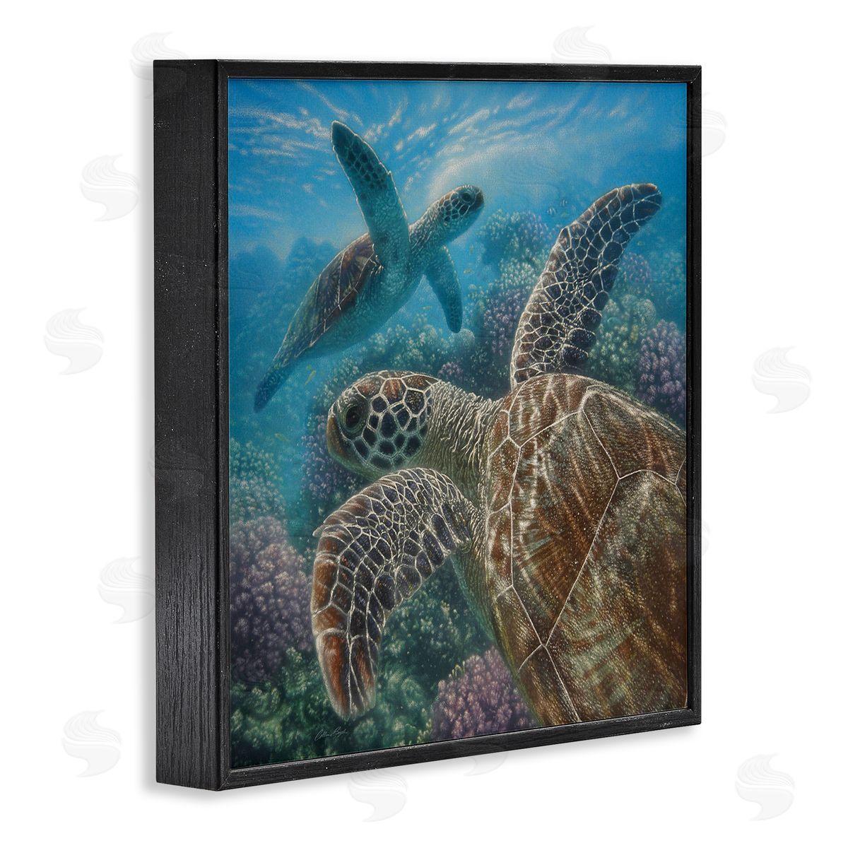 Collin Bogle Sea Turtle Pair Coral Reef Ocean Life Scene Black Framed Glicee Wall Art Print