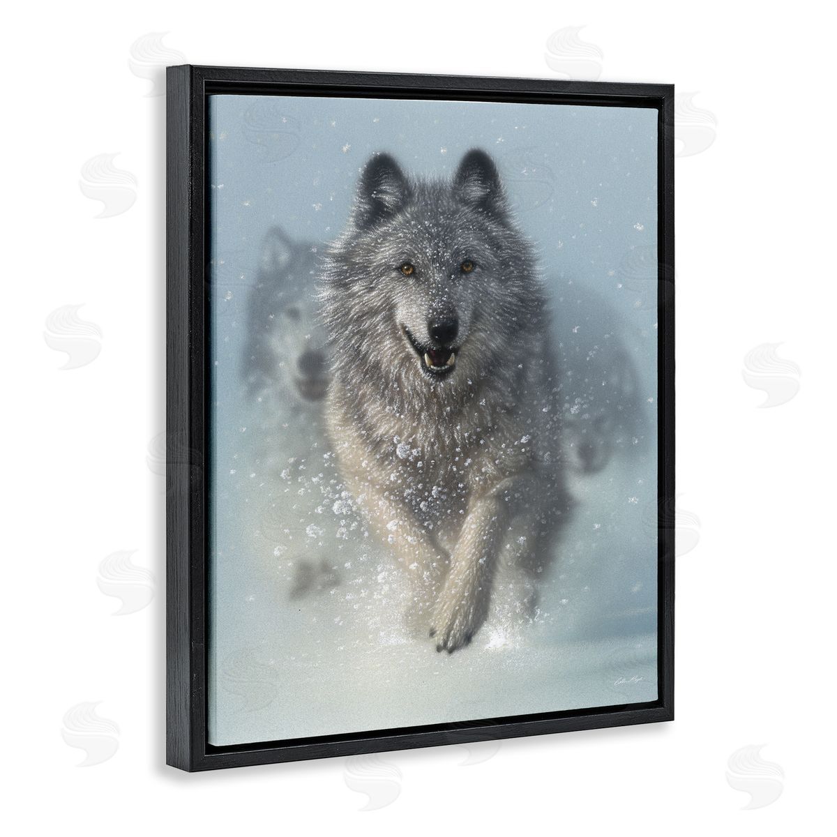 Wolves Running Through Snow Black Floating Frame Canvas Wall Art, Home Decor by Collin Bogle