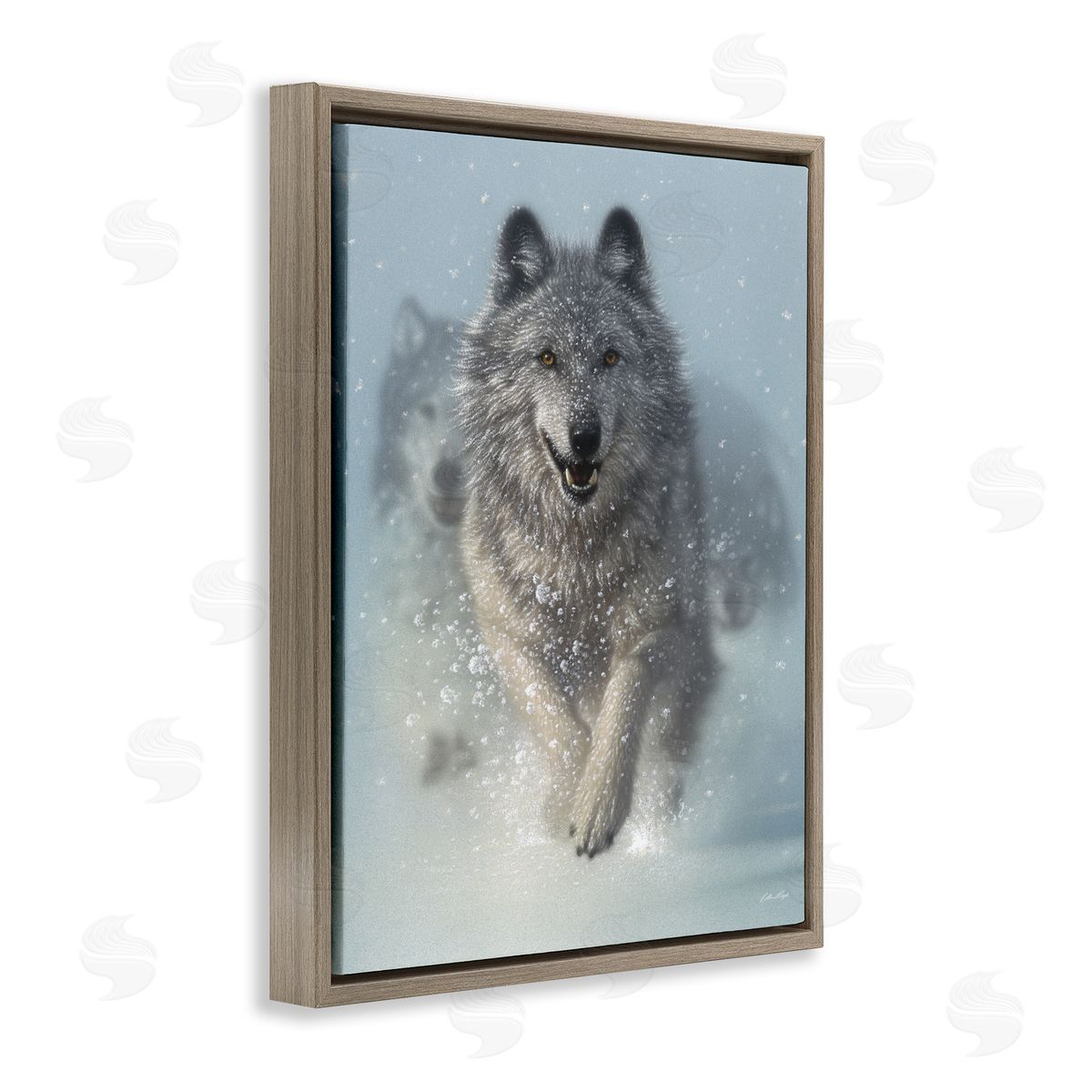 Wolves Running Through Snow Brown Floating Frame Canvas Wall Art, Home Decor by Collin Bogle