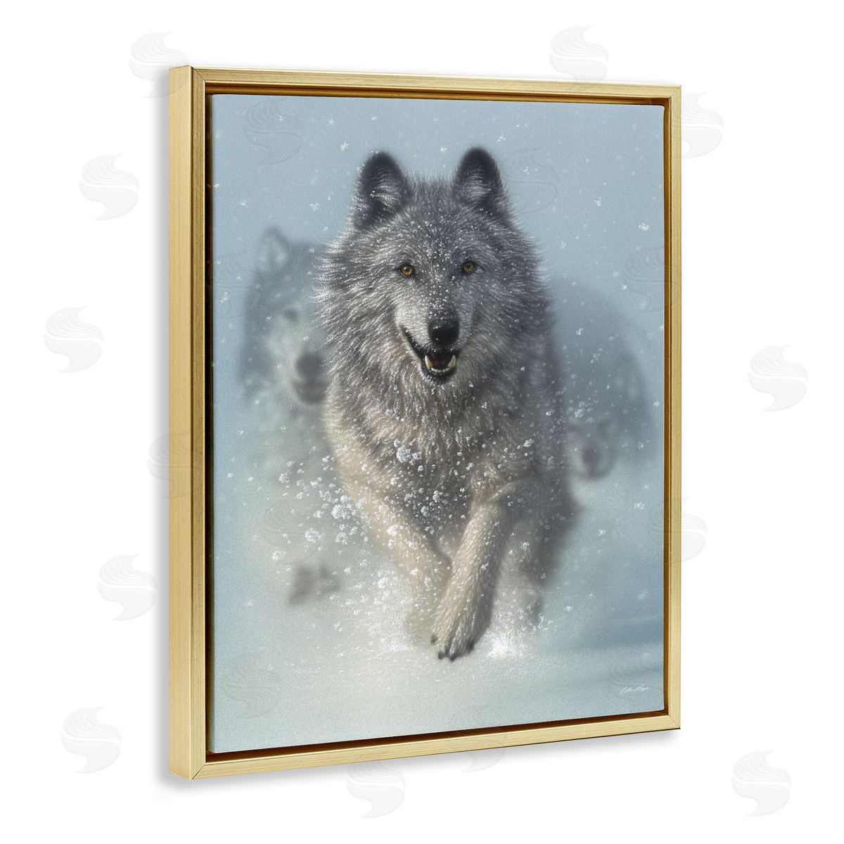 Wolves Running Through Snow Gold Floating Frame Canvas Wall Art, Home Decor by Collin Bogle