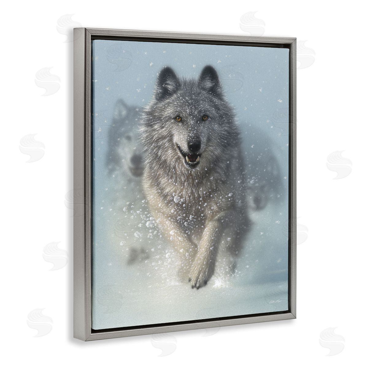 Wolves Running Through Snow Grey Floating Frame Canvas Wall Art, Home Decor by Collin Bogle