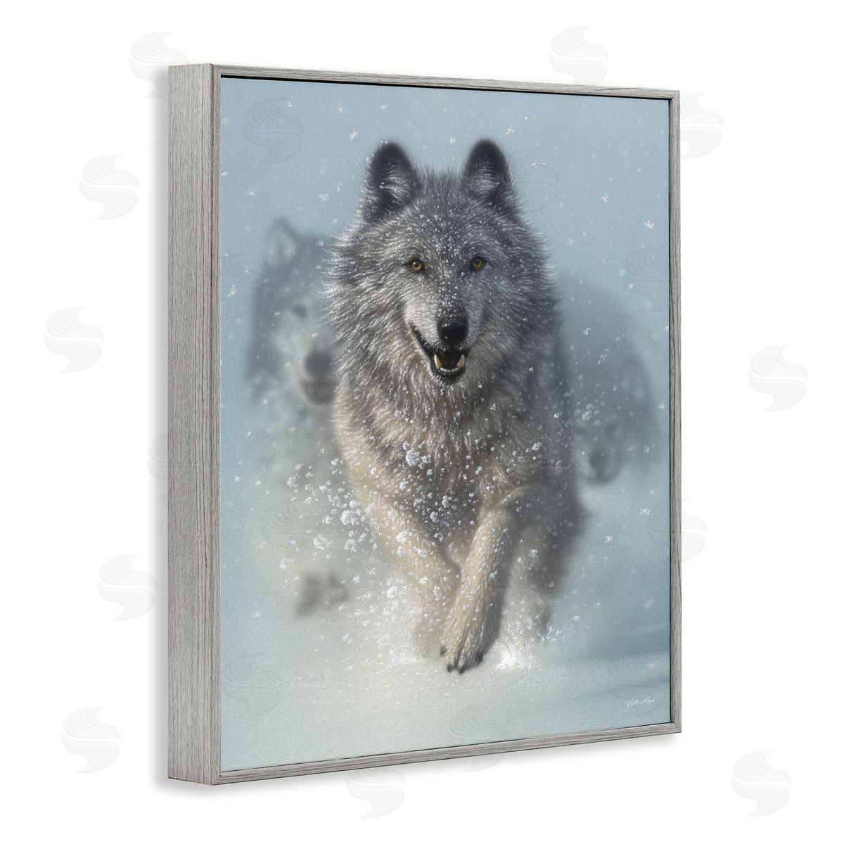 Wolves Running Through Snow Grey Frame Print Wall Art, Home Decor by Collin Bogle