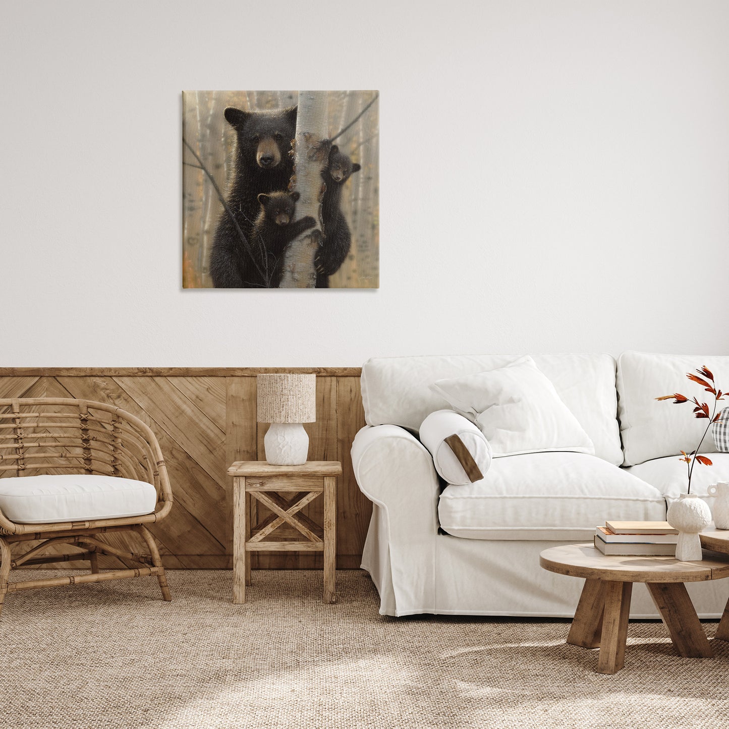 Forest Black Bear and Cubs Canvas Wall Art in Room, Home Decor by Collin Bogle