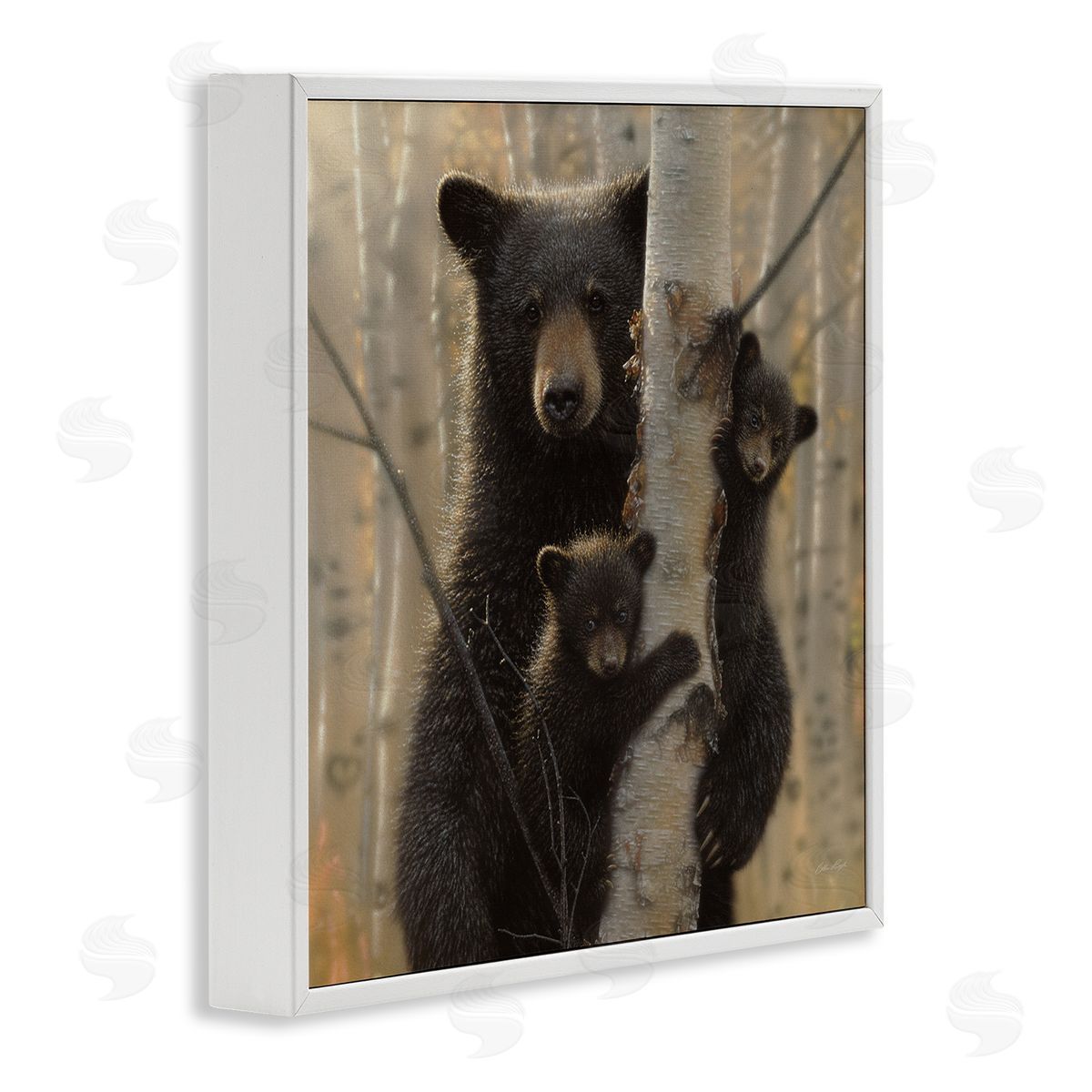 Forest Black Bear and Cubs White Frame Print Wall Art, Home Decor by Collin Bogle